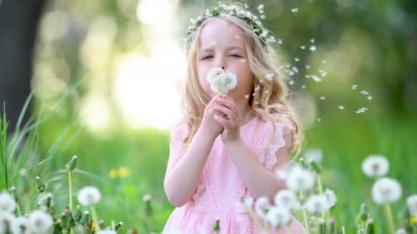 Portrét Malé Roztomilé Holčičky Hrající Zahradě Dívka Bílými Vlasy Kyticí — Stock video