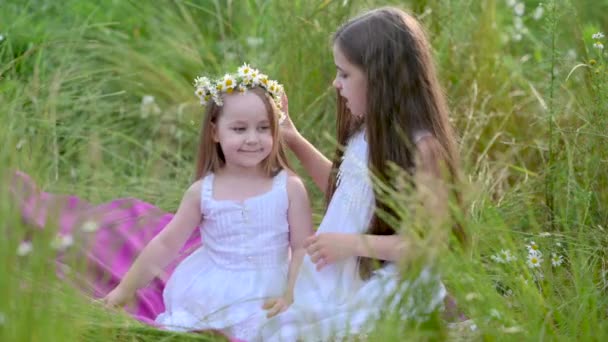 Twee Schattige Mooie Meisjes Witte Jurken Rust Het Zomerveld Zachtjes — Stockvideo