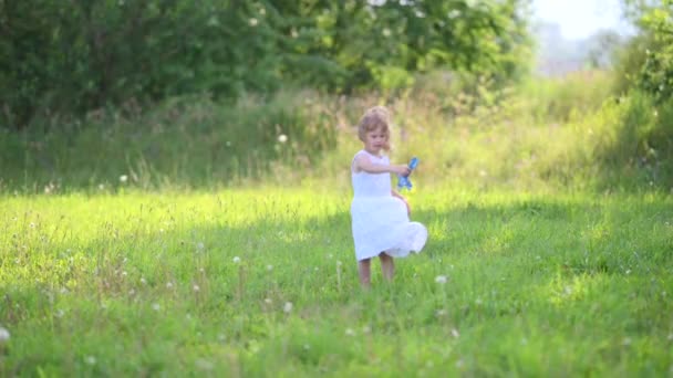 木製のおもちゃの平面モデルと幸せな笑顔の女の子は青空の背景に夏のフィールドで実行されます 幼い頃の夢 コンセプト旅行と自由 スローモーション — ストック動画