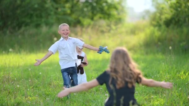 快乐的孩子们快乐地跑进妈妈的怀里 年轻的妈妈在夏日公园里拥抱可爱的孩子们 慢动作快乐的家庭观念 — 图库视频影像