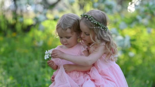 Deux Jolies Petites Filles Dans Parc Printanier Fleuri Assoient Côté — Video