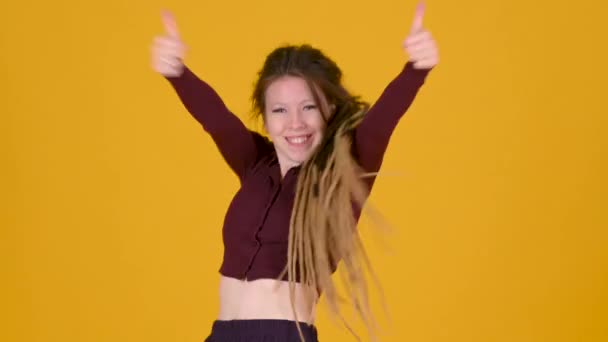 Happy Young Girl Dreadlocks Posing Isolated Yellow Background People Emotions — Stock Video