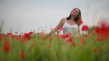 Çiçekli bir bahar tarlasında mutlu bir kız bir buket kırmızı haşhaş topluyor. Kız dışarıda dinleniyor, elinde bitki tutuyor. Açık havada portre.
