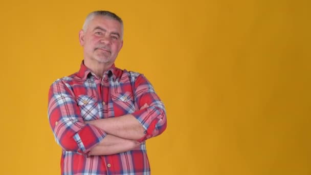 Retrato Alegre Anciano Canoso Sonriendo Mirando Cámara Sobre Fondo Amarillo — Vídeo de stock