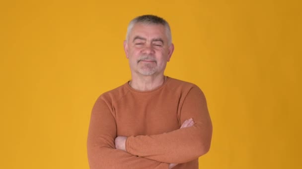 Retrato Alegre Anciano Canoso Sonriendo Mirando Cámara Sobre Fondo Amarillo — Vídeo de stock