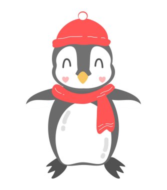 Cute Penguin Wearing a Red Winter Hat and Scarf