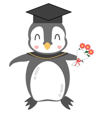 Cute Cartoon Penguin Graduate with a Cap, Gown, and Bouquet