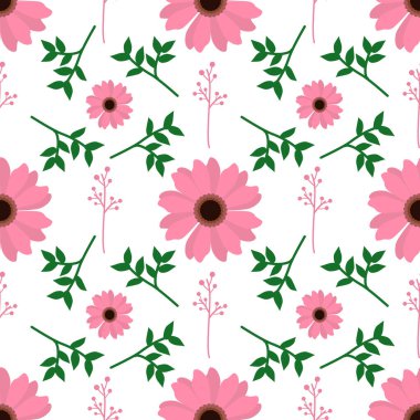 Pembe Gerbera çiçeği. Kusursuz desenli yeşil yapraklı. Beyaz arka planda.