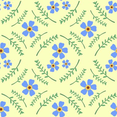 Şirin Mavi Çiçekler ve Yeşil Yapraklar Kusursuz Şablon