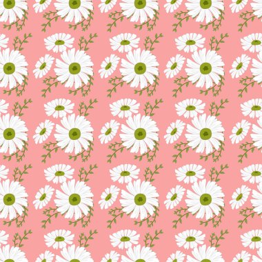 Pembe Arkaplanda Çiçeksiz Desen, Beyaz Papatya ve Yapraklı Duvar Kağıdı Tasarımı