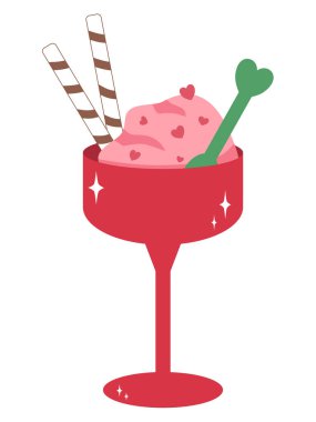 Tatlı Sevgililer Günü Pembe Dondurması Çikolatalı Wafer Rolls and Heart Spoon