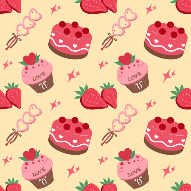 Kirazlı çikolatalı pasta, aşk kekleri ve taze çilekli sevgililer günü deseni.