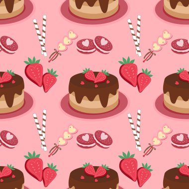 Çikolatalı pasta, marşmelov ve pembe arka planda badem kurabiyesi içeren sevgililer günü dikişsiz desen.