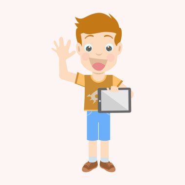 Laptop ve tabletli genç bir çocuk. Çizgi film karakteri. vektör illüstrasyonu