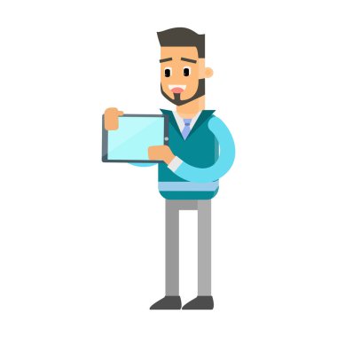 Adam dizüstü bilgisayar vektör illüstrasyonlu akıllı telefon kullanıyor