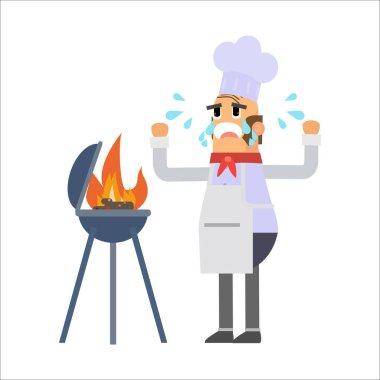 Ateşli ve yemek pişirme ekipmanlı kadın şef. Düz biçimdeki vektör illüstrasyonu.