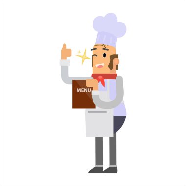 Şef elinde çatal ve bıçakla tepsi tutuyor. vektör illüstrasyonu.