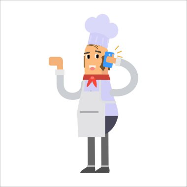 Beyaz arkaplan vektör illüstrasyon tasarımında akıllı telefon ve kulaklıklı şef