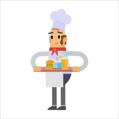 Şef yemek tepsisi ve mutfak tasarımı vektör çizimi ile yemek pişirme