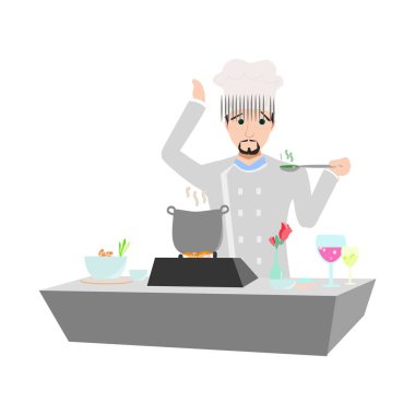Yemekleri olan şef ve yemek pişirme kabı çizimi