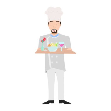 Şef tepside yemek ve yemek tutuyor. Vektör çizimi. düz biçim tasarımı.