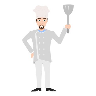 Üniformalı bir aşçı elinde tepsi ve kızartma. vektör illüstrasyonu