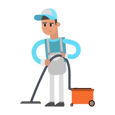 Kovası ve paspası olan bir işçi.