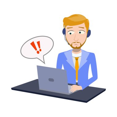 Bilgisayar ve kulaklıkla çalışan işadamı vektör illüstrasyon grafik tasarımı