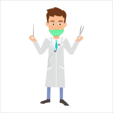 Şırıngalı tıbbi maskeli bir cerrah.