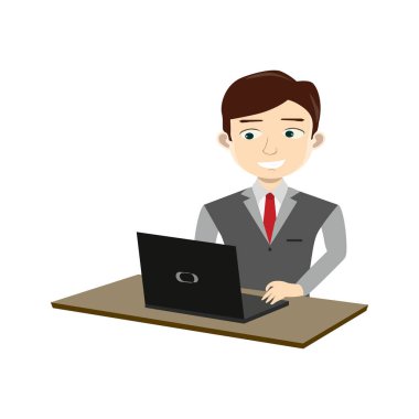 Dizüstü bilgisayar vektör ilüstrasyonunda çalışan iş adamı