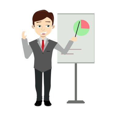 Yönetim kurulu sunum çizelgesine sahip iş adamı. vektör illüstrasyonu.