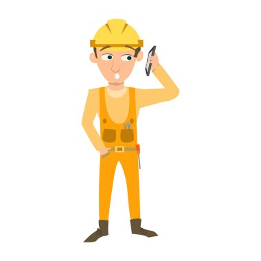 İnşaat mühendisi telefonu tutuyor. Çizgi film karakterinin vektör çizimi