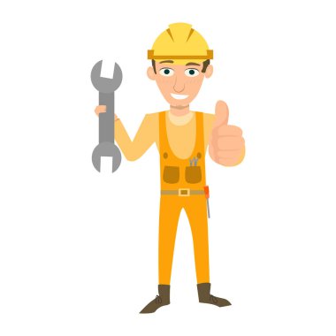 Büyük sakallı mutlu bir adamın vektör karikatür çizimi. Baş parmaklarını kaldırıyor ve İngiliz anahtarı tutuyor..