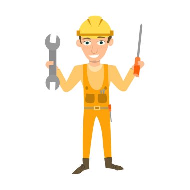 Aletleri olan genç bir inşaatçı. Çizgi film karakteri. vektör illüstrasyonu