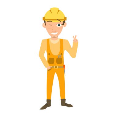 Çizgi film yapımcısı, kasklı ve başparmağı yukarıda..