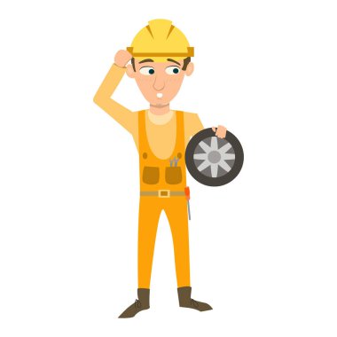 Miğferi ve anahtarı olan işçi