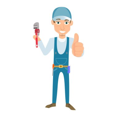 Elinde matkap ve baş parmağıyla gülümseyen bir erkek tesisatçının vektör çizimi.