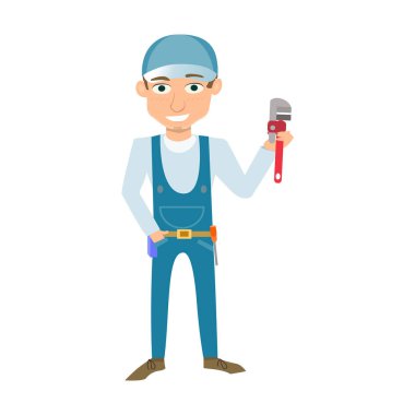 Tornavida ve İngiliz anahtarı olan genç bir adam.