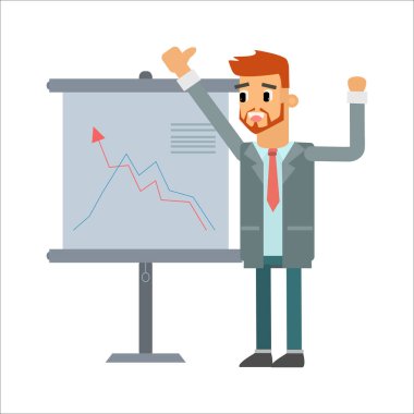 Çizgi film işadamı elinde bir çizelge sunuyor..