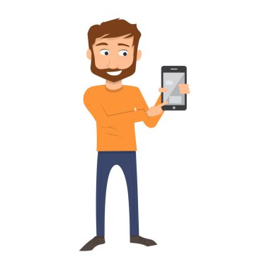 Akıllı telefon ve mobil cihaz taşıyan genç adam vektör çizim grafik tasarımı