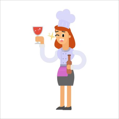 Şarabın vektör illüstrasyonuyla şişeyi tutan şef kadın.