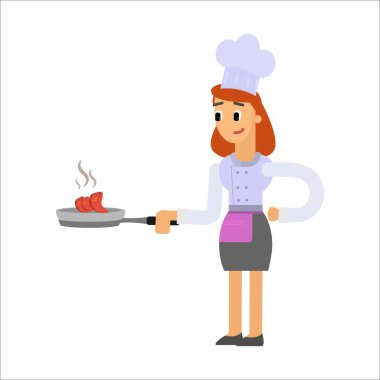 Aşçı şapkalı kadın mutfakta yemek pişiriyor. Kırmızı önlüklü kadın şef. Aşçıyı bıçakla çizmek, şef..