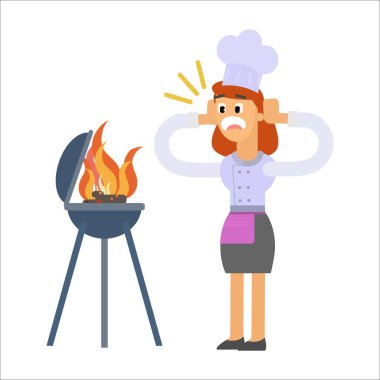 Kadın şef barbeküde yemek yapıyor.