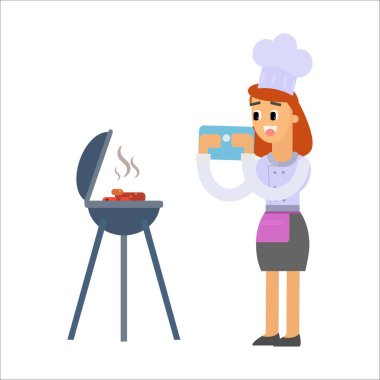 Yemek pişiren ve yemek pişiren kadın vektör illüstrasyon tasarımında