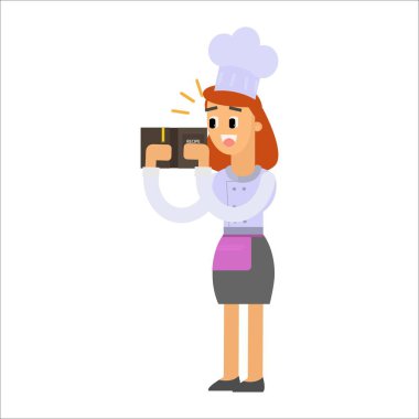 Mutfakta yemek yapan bir kadın. Şef Aşçının önlüklü vektör çizimi.