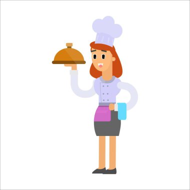 Elinde pizza olan genç bir kadın şef.