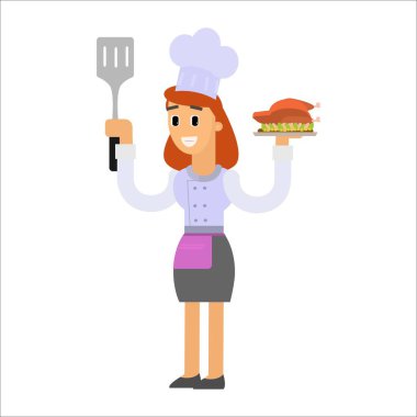 Büyük şapkalı kadın aşçı, çatal önlük, yemek konsepti, beyaz arka planda izole edilmiş düz vektör çizimi..