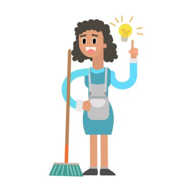 Önlüklü, önlüklü, süpürgeli kadın hizmetçi.