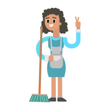 Süpürgeyle temizlik yapan tatlı küçük kız. Vektör çizimi. düz çizgi film biçimi.
