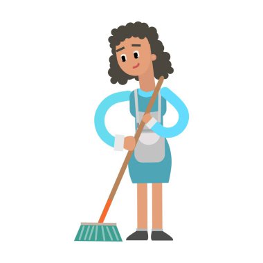 Süpürgeli beyaz gömlekli genç bir kadın. Çizgi film tarzı. vektör illüstrasyonu